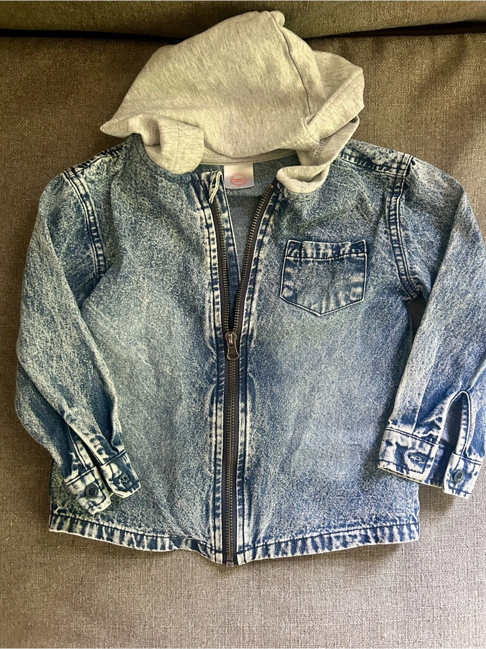 wonder nation Blue Acid-Wash Denim Jacket with Gray Hood 4t